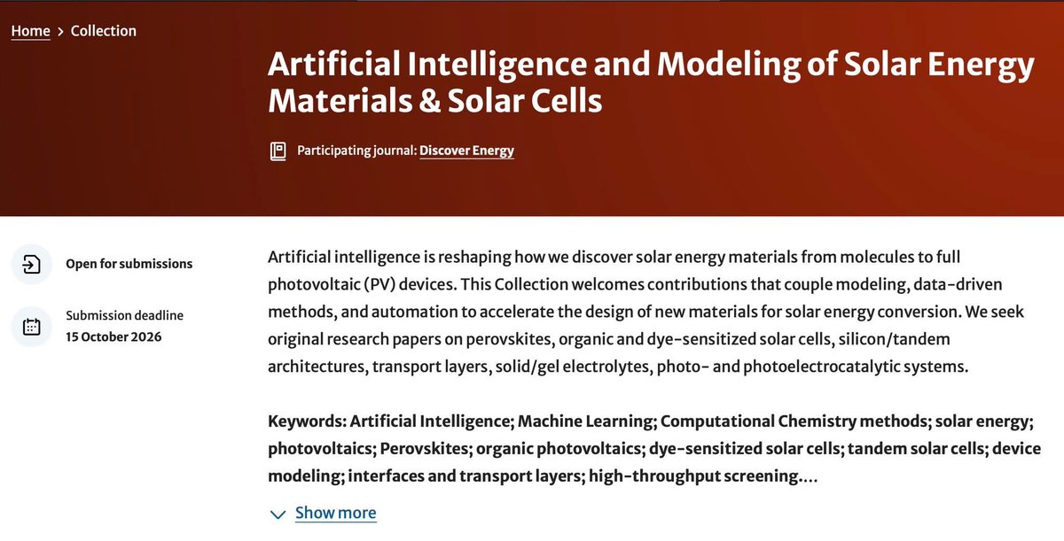 We are happy to announce that Prof. Sinicropi and Dr. Coppola are Guest Editors for the upcoming collection collection on "Artificial Intelligence and Modeling of Solar Energy Materials &amp; Solar Cells" in Discover Energy. The Collection is oper for submission until 15.10.2026.