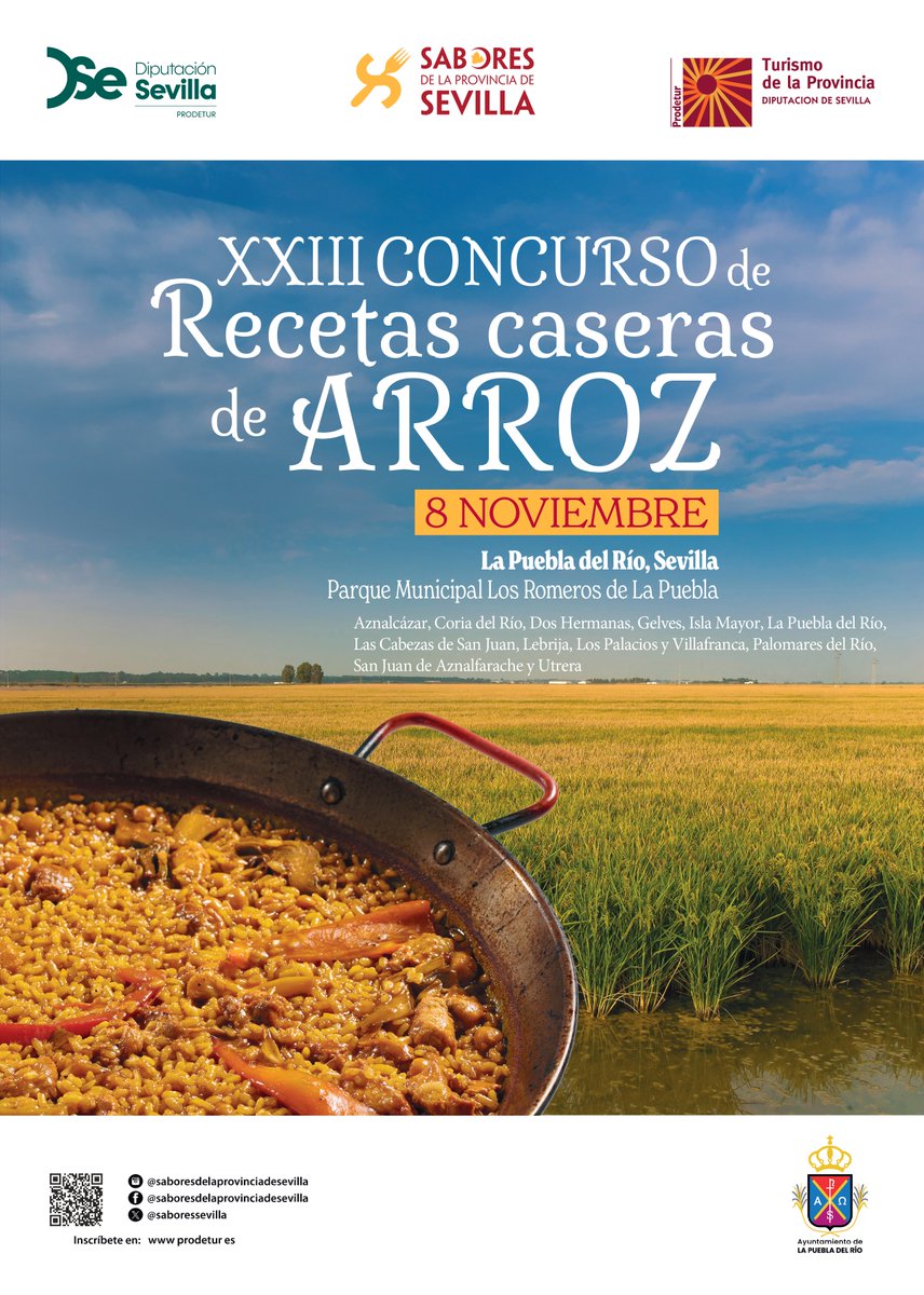 🥘 Tradición, sabor y creatividad en torno al arroz.
 El próximo 8/11 La Puebla del Río acogerá la XXIII Edición del Concurso de Recetas Caseras de Arroz de la Provincia de Sevilla.
🔗 Bases e inscripción: f.mtr.cool/gbvoaqpliz

#provinciadesevilla #prodetur