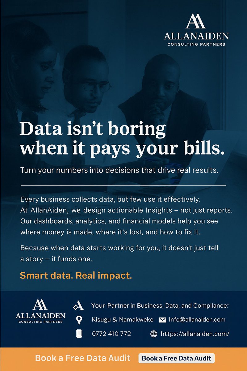 allanaiden's tweet image. Data isn’t boring when it pays your bills.

We help you turn reports into revenue.

💼 AllanAiden Consulting Partners — Your Partner in Business, Data, and Compliance.

#SmartData #AllanAiden #DataForDecisions #UgandaBusiness #FinancialConsulting