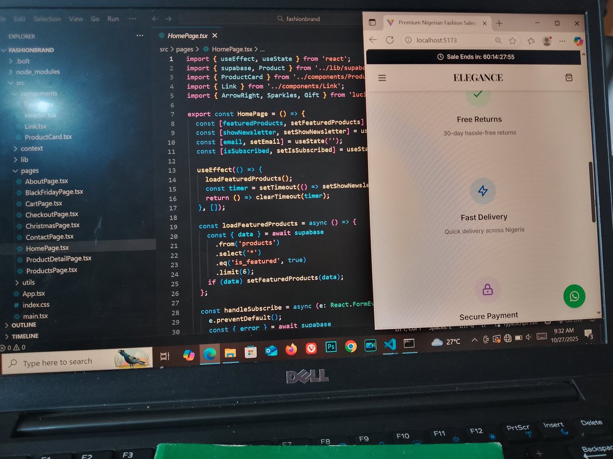 tech_evolv's tweet image. First look at Elegance ✨ — my Black Friday &amp;amp; Christmas Sales eCommerce Platform!
Homepage built with React.js, TypeScript, and HTML.
Clean, responsive &amp;amp; ready for the festive rush 🎄🚀
#eCommerce #ReactJS #DevLife
