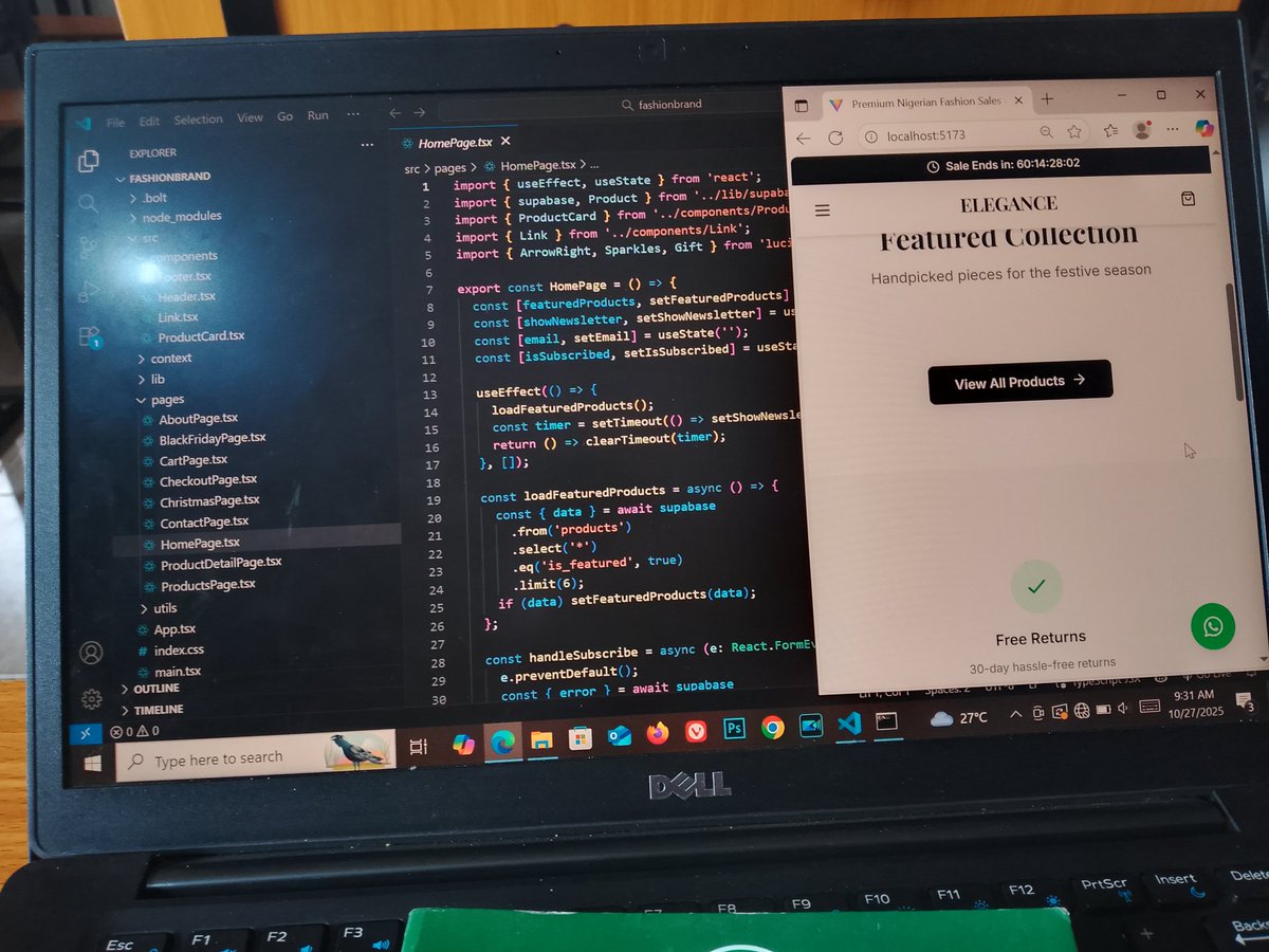 tech_evolv's tweet image. First look at Elegance ✨ — my Black Friday &amp;amp; Christmas Sales eCommerce Platform!
Homepage built with React.js, TypeScript, and HTML.
Clean, responsive &amp;amp; ready for the festive rush 🎄🚀
#eCommerce #ReactJS #DevLife