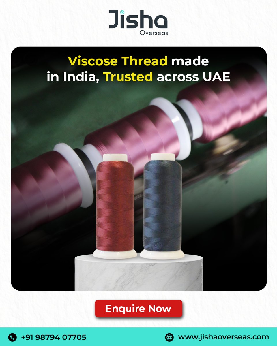 jishaoverseas's tweet image. From India to the UAE, our viscose threads weave trust, quality &amp;amp; craftsmanship together. 🇮🇳➡️🇦🇪
Strong, smooth &amp;amp; made for global standards — that’s the Jisha Overseas promise.
📞 +91 98794 07705
🌐 jishaoverseas.com
#ViscoseThread #TextileExport #MadeInIndia #UAEBusiness