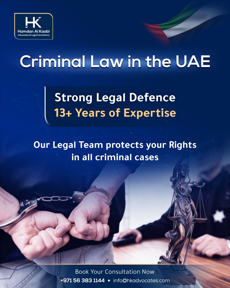 Criminal Law in the UAE ⚖️

 Facing charges? 
 Our criminal lawyers in Dubai, Abu Dhabi &amp; across the UAE defend cases of fraud, forgery, cybercrime, narcotics, &amp; traffic offenses.  

Free Consultation: +971 56 383 1144 

hkadvocates.com 
#CriminalLawUAE #HKAdvocates