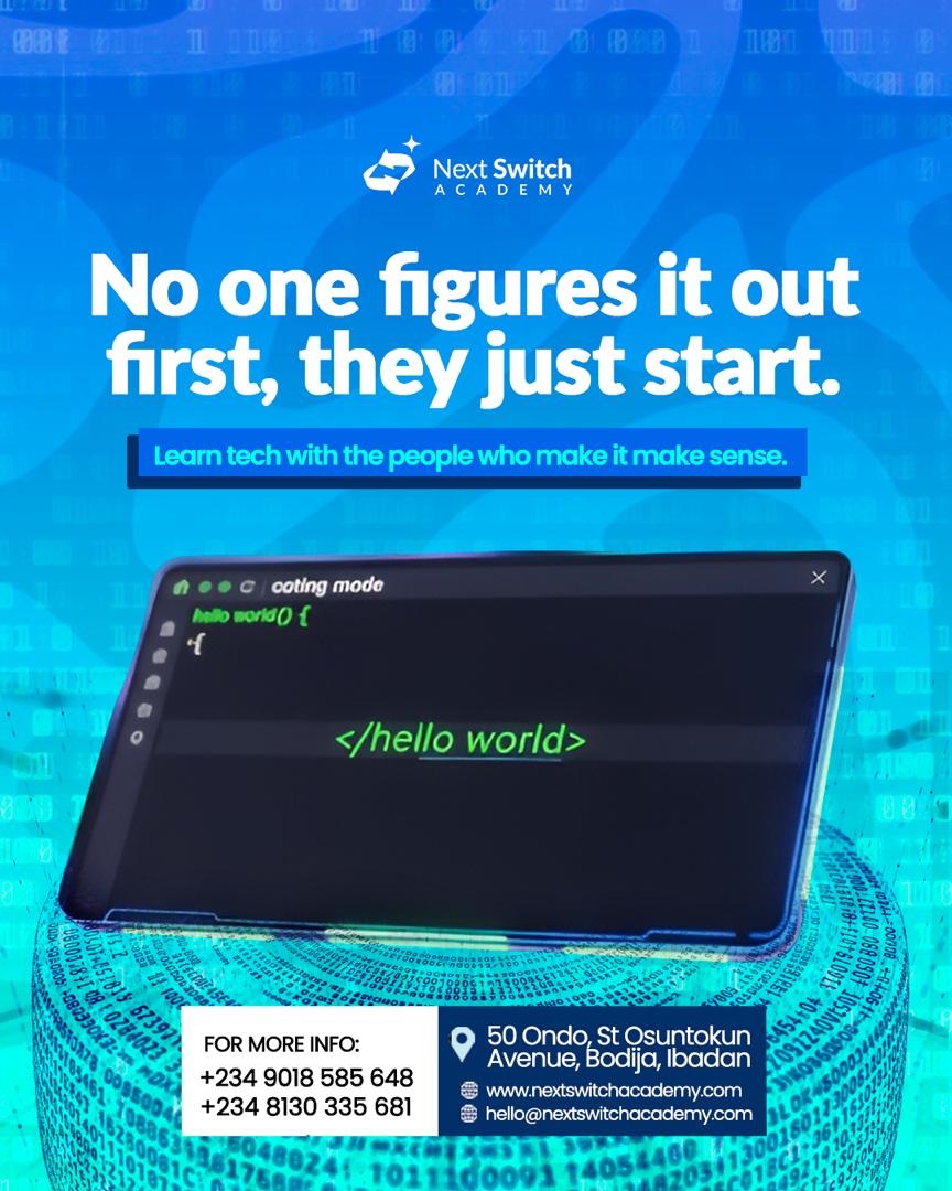 nextswitch_'s tweet image. You don’t have to have it all figured out before starting.

Start where you are, Learn a tech skill that changes everything.

Next Cohort starts soon send us a DM to secure your spot today!

📍50 Ondo Street, Bodija, Ibadan
📥 +234 9018 585 648 | +234 8130 335 681
