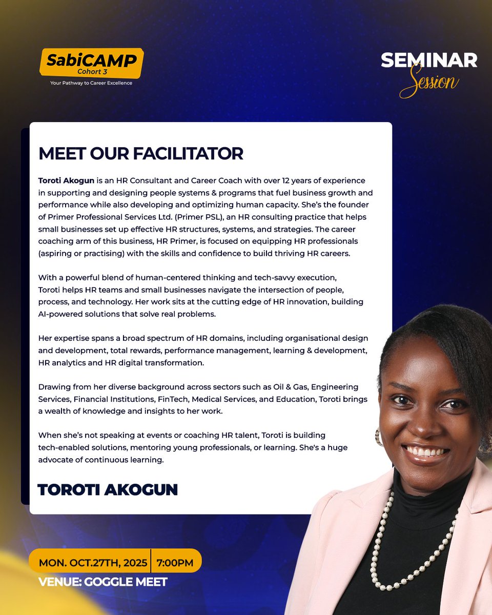 SabiCliq's tweet image. Mentorship isn’t just guidance — it’s growth in motion.
Today, we’ll explore Mentorship Dynamics for Personal & Professional Growth with Toroti Akogun, diving into how the right mentorship shapes clarity, confidence, and career acceleration.
#SabiCAMP #CareerGrowth #Mentorship