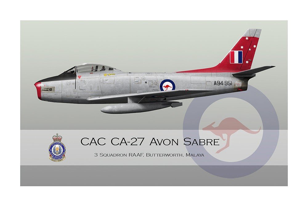 CAC CA-27 Avon Sabre, 3 Squadron RAAF, Butterworth, Malaya.

New CAC Sabre profile by myself.
Available @ hangar7art.com

#raaf #aviation #military #aviationart #aircraft #planes