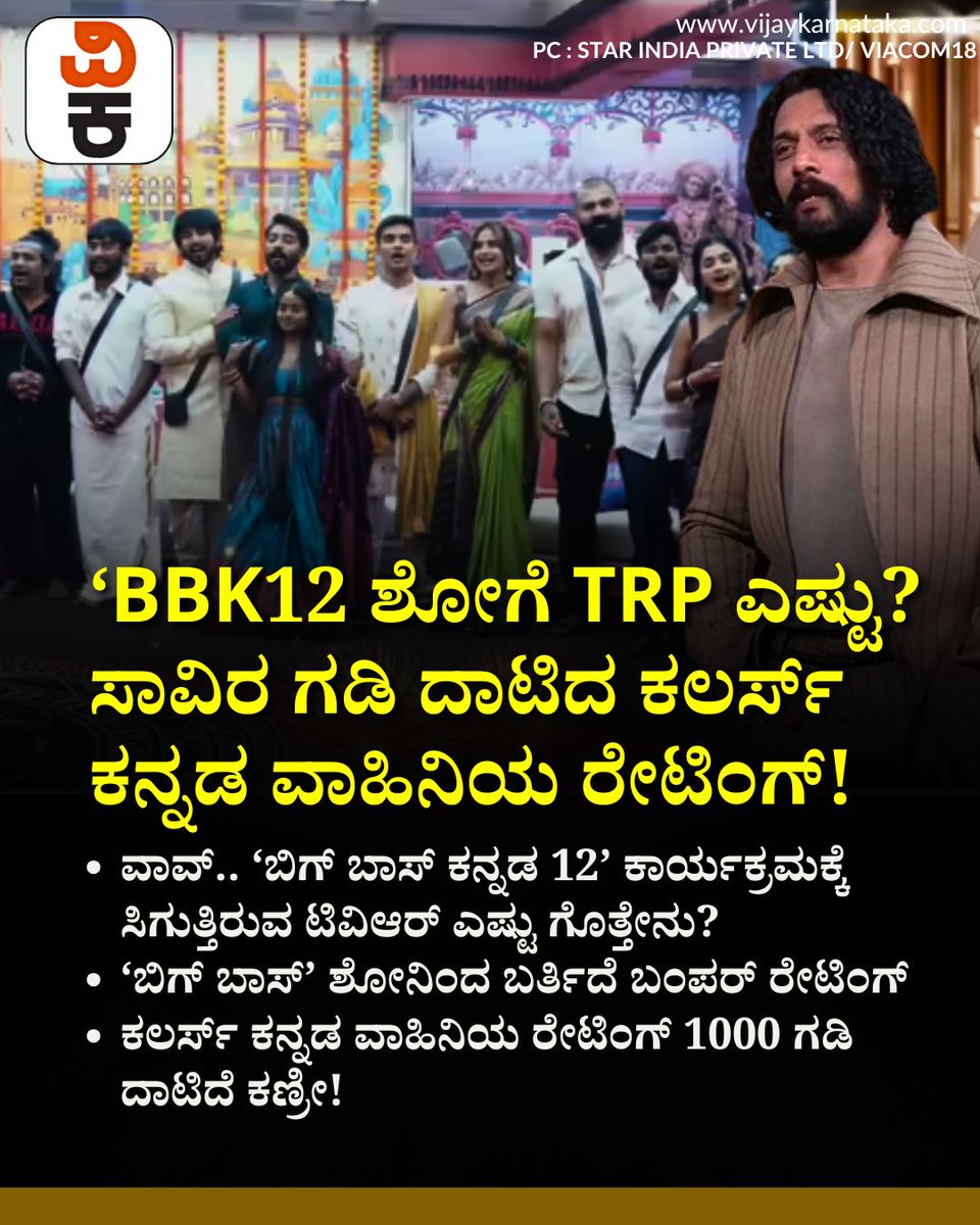 Vijaykarnataka's tweet photo. ವಾವ���.. ‘ಬಿಗ್ ಬಾಸ್ ಕನ್ನಡ 12’ ಕಾರ್ಯಕ್ರಮಕ್ಕೆ ಸಿಗುತ್ತಿರುವ ಟಿವಿಆರ್ ಎಷ್ಟು ಗೊತ್ತೇನು?
#BiggBossKannada12 #BBK12 #KannadaRealityShow #TVRRating #ColorsKannada #KicchaSudeep https://t.co/eNcw8hTRGm