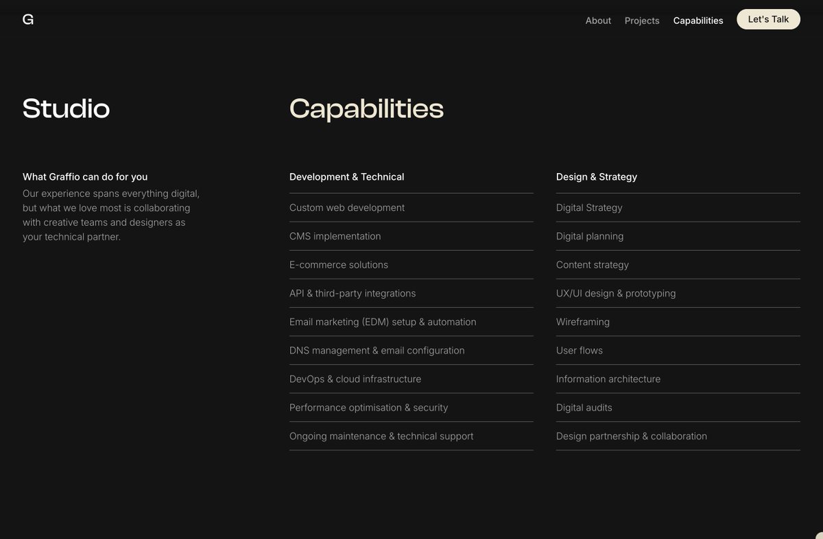 New Website Inspiration:

Fun cursor animations as you scroll through this One Page portfolio for Graffio.

Typeface: Clash Display, Inter

→ onepagelove.com/graffio