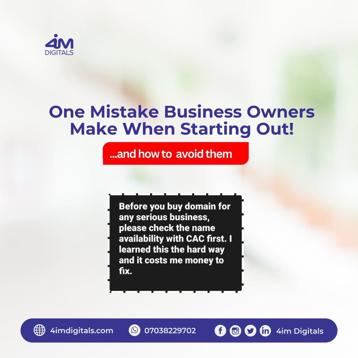 4imDigitals's tweet image. 𝐎𝐧𝐞 𝐌𝐢𝐬𝐭𝐚𝐤𝐞 𝐁𝐮𝐬𝐢𝐧𝐞𝐬𝐬 𝐎𝐰𝐧𝐞𝐫𝐬 𝐌𝐚𝐤𝐞 𝐰𝐡𝐞𝐧 𝐒𝐭𝐚𝐫𝐭𝐢𝐧𝐠 𝐨𝐮𝐭!

Many business owners, when starting out, run off to publish their business name in print and online.
They print product labels, flyers, banners, and even try to get a website.  

#4im
