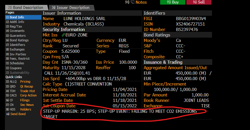 KillinGswitCH98's tweet image. KemOne collapsing is no surprise for those who know the company.
One of the first HY "Sustainability Linked Bond" that will certainly default.
I guess the 25bp step-up in case of rising CO2 emissions was no cause for investing :-)
#highyield