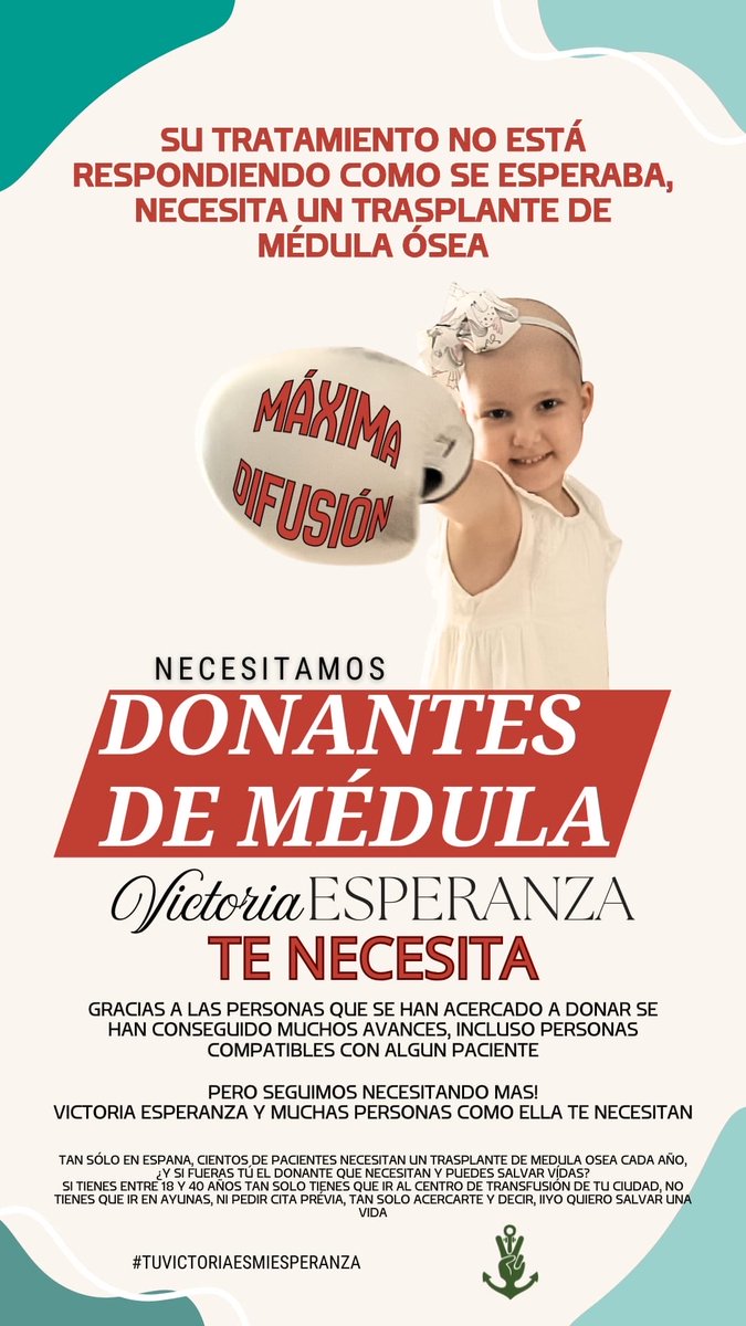DNBellavista's tweet photo. 🧵 VICTORIA ESPERANZA NECESITA DONANTES DE MÉDULA

Al igual que muchos niños que padecen cáncer infantil, N.H. Victoria Esperanza necesita con urgencia un trasplante de médula, y para ello necesita un donante compatible con ella, ya que su tratamiento no marcha como se esperaba. https://t.co/Tk5SyLYYMA