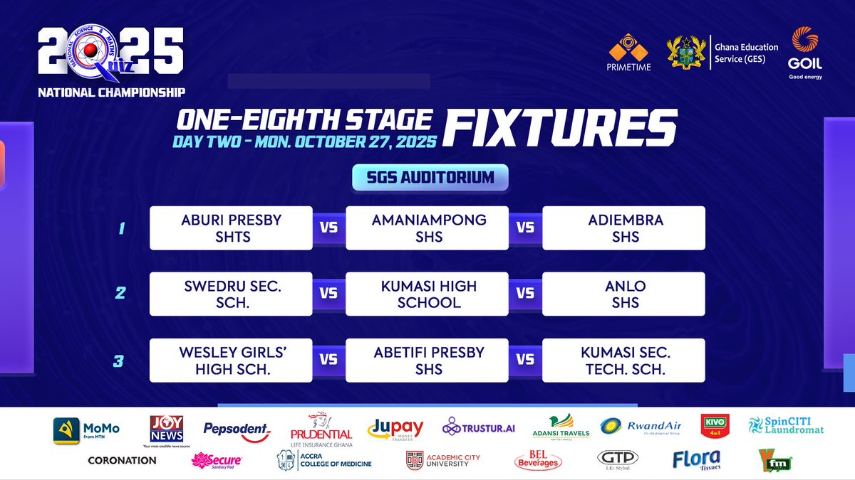 AnloSHS's tweet photo. Here we go!

Day 2 of the #NSMQOneEighth fixtures, ready.

#Anseco 
#NSMQ2025 https://t.co/UN1P3fxef3