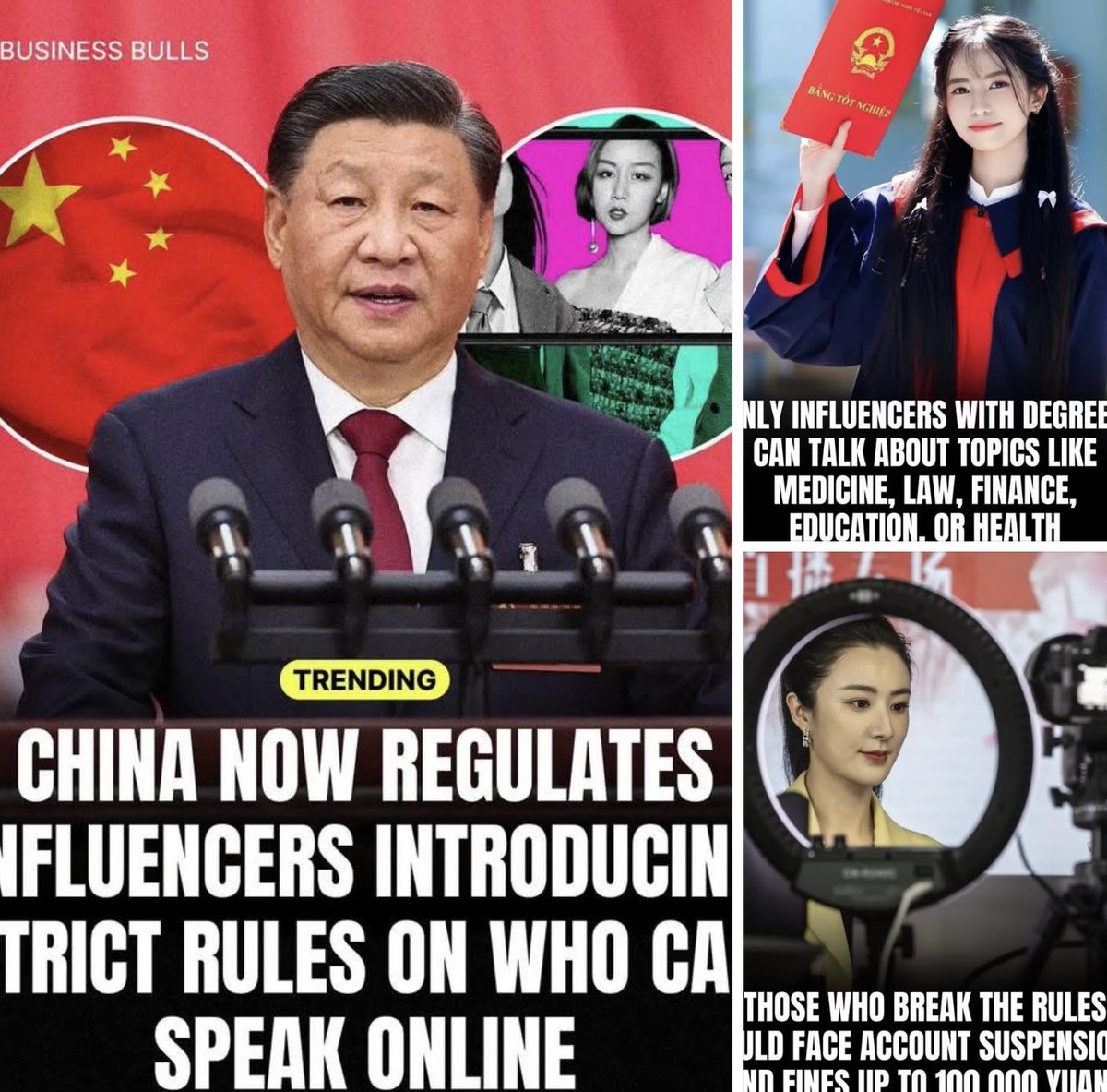 Хятад Улс инфлюенсерүүдээ журамлаж эхэлжээ. Тухайлбал, анагаах ухаан, санхүү, боловсрол, хууль эрхзүй, эрүүл мэндийн сэдвээр зөвхөн эрдмийн зэрэг цолтой, зохих боловсролыг нь эзэмшсэн хүн л сошиал дээр бусдад зөвлөгөө өгөх эсвэл сурталчилгаа маркетинг хийх нь. Үүнийг зөрчвөл