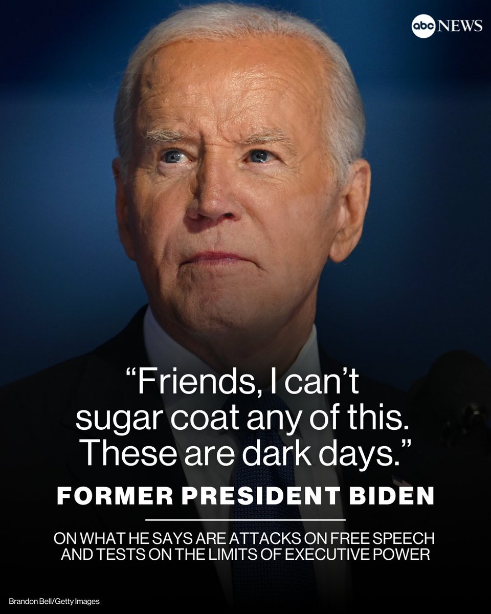 ABC News (@abc) on Twitter photo Former President Biden called these “dark days” as he urged Americans to stay optimistic and not to check out in response to what he says are attacks on free speech and tests on the limits of executive power by President Trump.
 
Read more: abcnews.link/hjZFrbY Former President Biden called these “dark days” as he urged Americans to stay optimistic and not to check out in response to what he says are attacks on free speech and tests on the limits of executive power by President Trump.
 
Read more: abcnews.link/hjZFrbY