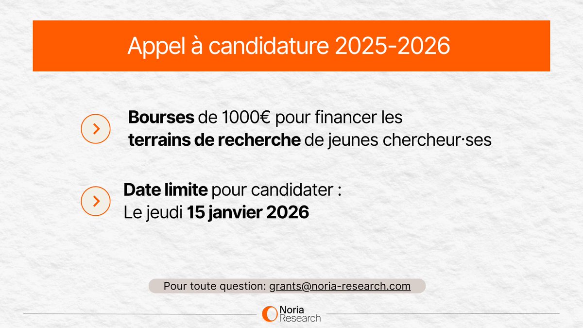 Noria_Research's tweet image. ⚠️APPEL À CANDIDATURES — Bourses 2025-26

➡️1 000 € pour soutenir la jeune recherche en SHS !

Depuis 2018, Noria soutient les doctorant·es et jeunes chercheur·ses, du terrain à la diffusion de leurs travaux.

📆 Candidatures jusqu’au 15 janvier 2026
🔗 noria-research.com/fr/formation/b…