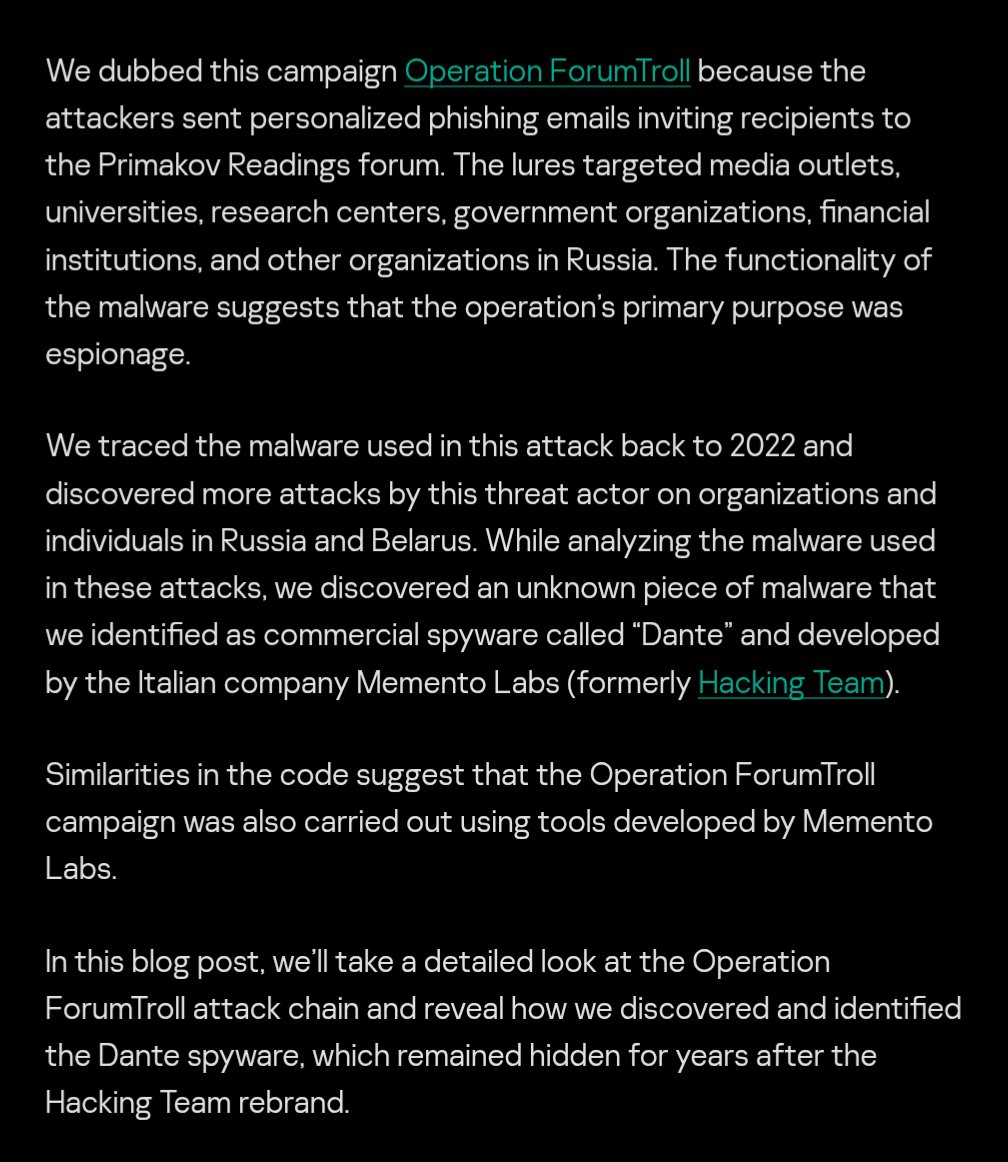 sonoclaudio's tweet image. 🆕 🖊️ #CyberNews dall&apos;Italia 🇮🇹 e dal mondo 🌐, via @ransomnews | ransomnews.online
#MementoLabs: insomma, il vecchio #HackingTeam 🇮🇹 è di nuovo in circolazione.
🔗 securelist.com/forumtroll-apt…