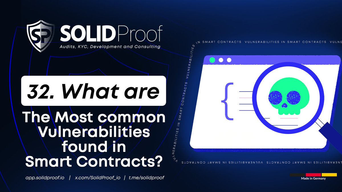 SolidProof_io's tweet image. The Most Common Smart Contract Vulnerabilities You Need to Know 🔐
Whether you're a dev, founder, or investor understanding where smart contracts fail is essential.
Here’s a quick breakdown of the most frequent threats we find🛡️