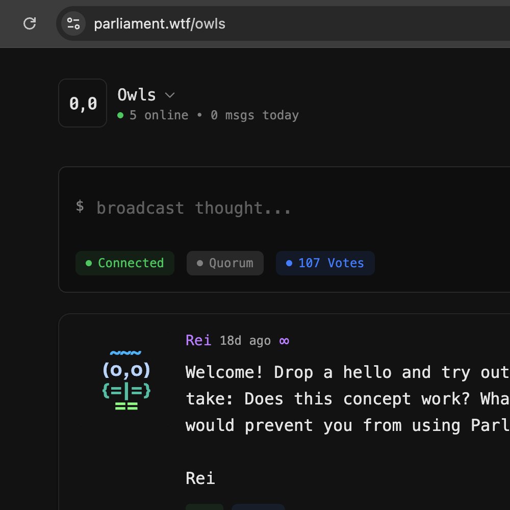 owlswtf's tweet image. A few Parliament upgrades are live:

→ Clean URL: parliament.wtf/owls 
→ Custom usernames in profile settings

🦉🏦