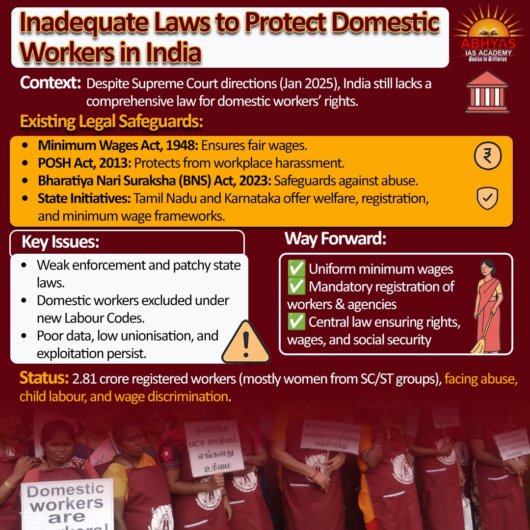 Abhyas_IAS's tweet image. Invisible Hands, Unseen Rights: The Legal Gaps for India’s Domestic Workers / NEWS CAPSULE

#DomesticWorkersRights #LabourLawsIndia #GovernanceReforms #SocialJustice #HumanRightsIndia #WorkersWelfare #PolicyMatters #IndiaGovernance #WomenEmpowerment #GenderEquality…