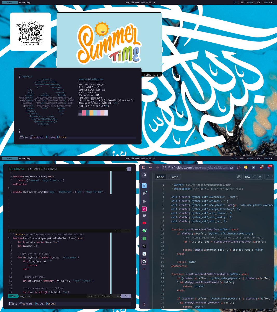 atmorojo's tweet image. Mas fontnya kok kotak-kotak mau minta sumbangan ya? Summer itu artinya musim hujan ygy.

Auuuuu slopping vimscript like a script kiddies I am lol #LinuxPorn