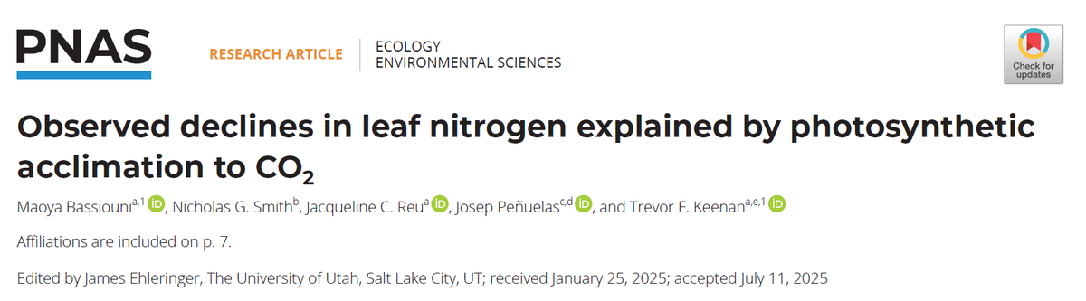 GlobalEcoUnit's tweet image. 🍃🌍 Falling N in forest leaves? Not a crisis — an upgrade.
Rising CO₂ lets trees 🌲 photosynthesize more efficiently, needing less N. Nature’s optimization in action ⚙️
#ClimateScience #Forests 
Maoya Bassiouni @JosepPenuelas @csic @creaf @iec
pnas.org/doi/10.1073/pn…