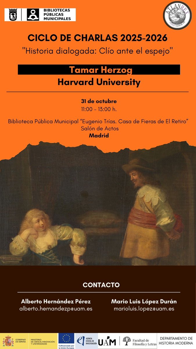 mllopezduran's tweet image. ¡Seguimos aprendiendo! Este viernes 31 de octubre, tercera sesión del II ciclo de charlas &quot;Historia dialogada: Clío ante el espejo&quot;. Esta vez, con la participación de la profesora Tamar Herzog. 
Se podrá seguir por us06web.zoom.us/j/88447354642
@Atlanrex @programa_uc @AlbertoHernand_