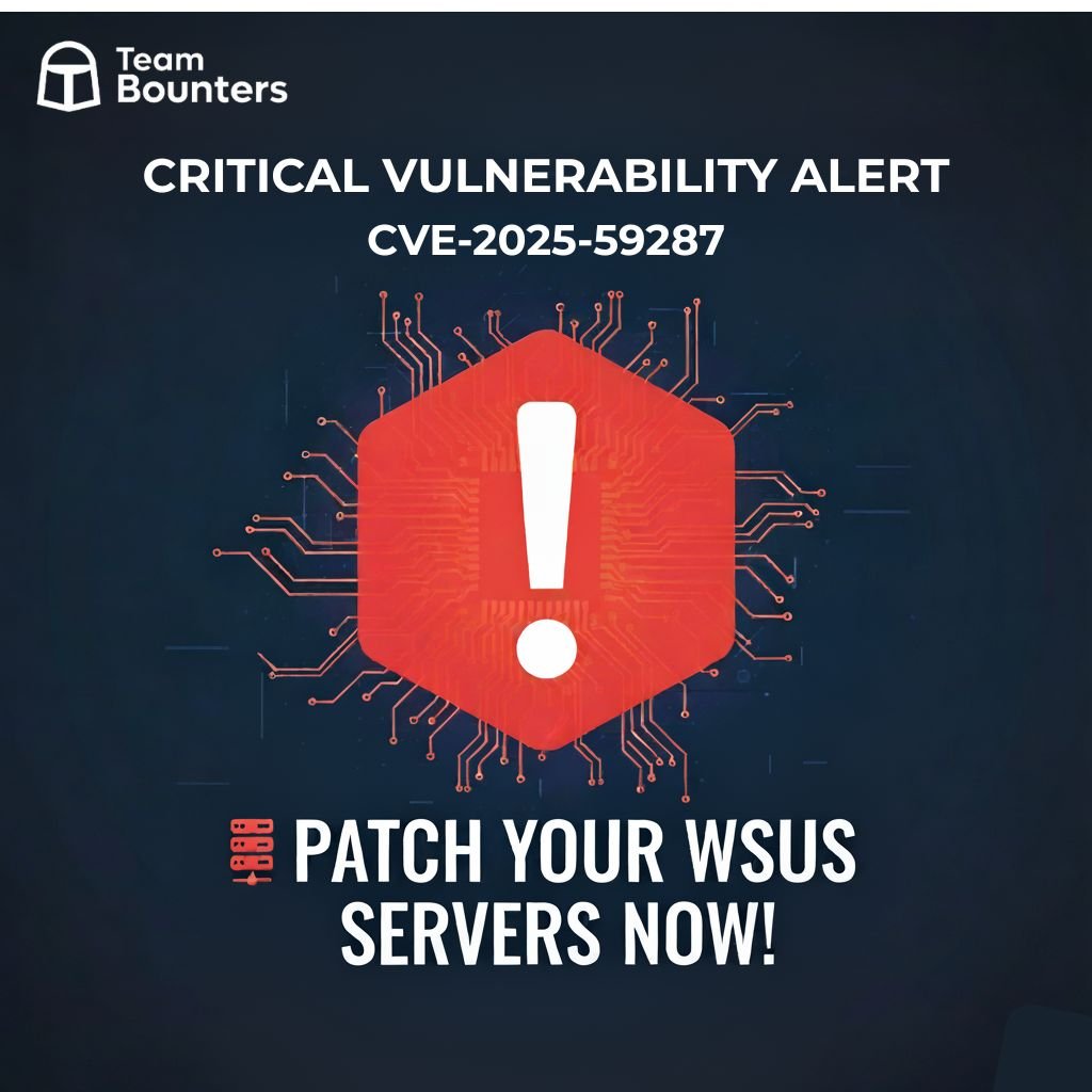 🚨 Critical RCE Alert — WSUS Servers 🚨

CVE-2025-59287 (CVSS 9.8) allows unauthenticated remote attackers to gain SYSTEM access via a deserialization flaw.

Potentially wormable across WSUS instances.
➡️ Patch immediately!

#BugBounty #CyberSecurity #TeamBounters #PenTesting