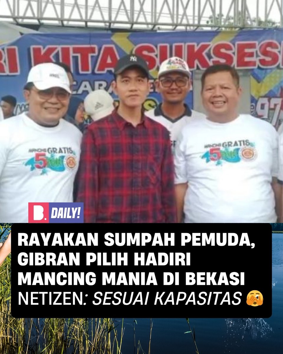 Wapres Gibran ikut Mancing Mania Gratis Jilid II di Kali Gabus, Bekasi. Ribuan warga berebut salaman, panitia nyebar 5 ton lele + hadiah motor listrik &amp; TV. 

Gibran bilang semangat Sumpah Pemuda harus hidup biar anak muda makin kompak &amp; berani ngejar mimpi.. weww