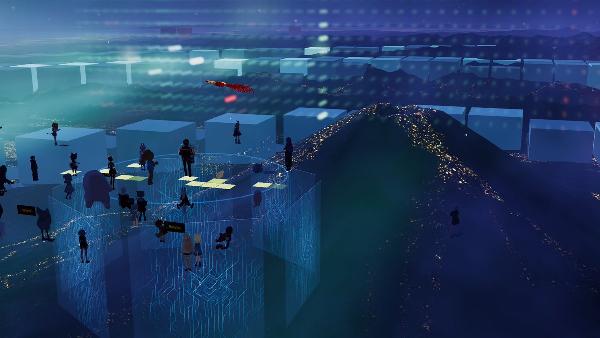 昨日はToneちゃんとVoxelKeiさんのライブを見に行きました。
音もパーティクルも凄く綺麗でとても良かった！
JAPANELAND SKYの夜の日本列島が舞台で、そこに巨大なイコライザーが現れたりして、壮大な感じで素敵でした。　#VRChat