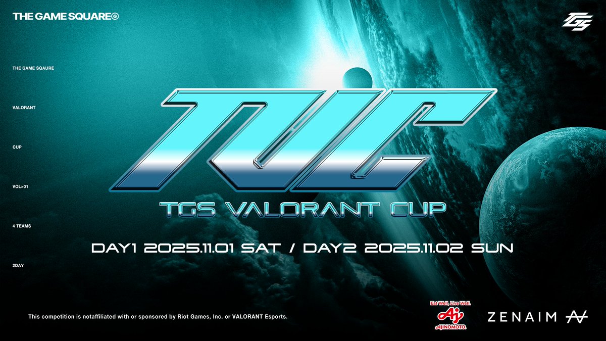 ＼TGS VALORANT CUP／

TGS初の招待制VALORANTカスタム開催

▶DAY1-- 11月1日(土) 19:00～
▶DAY2-- 11月2日(日) 17:30～

DAY2では本配信にて実況・解説もございます！
ぜひ各チームの応援をお願いします！

本配信
【TGSチャンネルURL】
youtube.com/live/dOSOQh6r9…

#VALORANT