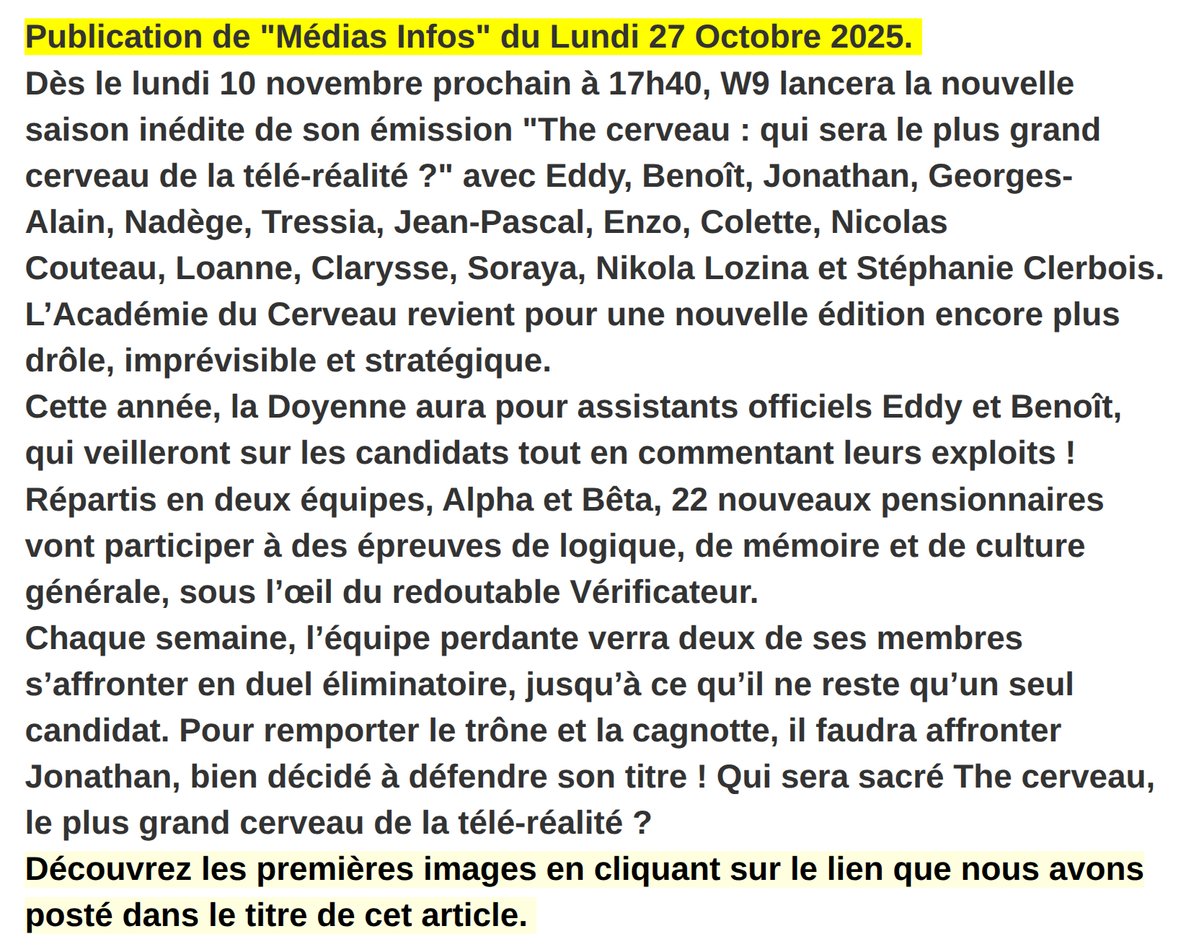 Mediasinfos's tweet image. Dès le lundi 10 novembre à 17h40, @W9 lancera la nouvelle saison inédite de son émission #TheCerveau avec #Eddy #Benoit #GeorgesAlain @ouiiiiii_nadege ou encore @jp_lacoste. Retrouvez notre article ci-dessous et regardez les premières images ici: urlr.me/jud4hV