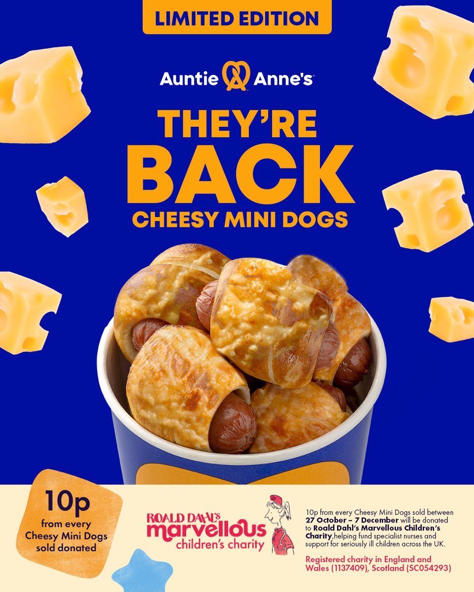 Our Cheesy Mini Dogs are baaaaacccckkkk by popular demand for a limited time! You can chomp on something cheesy and every cup sold will help raise money for <a href="/RoaldDahlFund/">Roald Dahl Charity</a> so head to an Auntie Anne's near you today 🎉