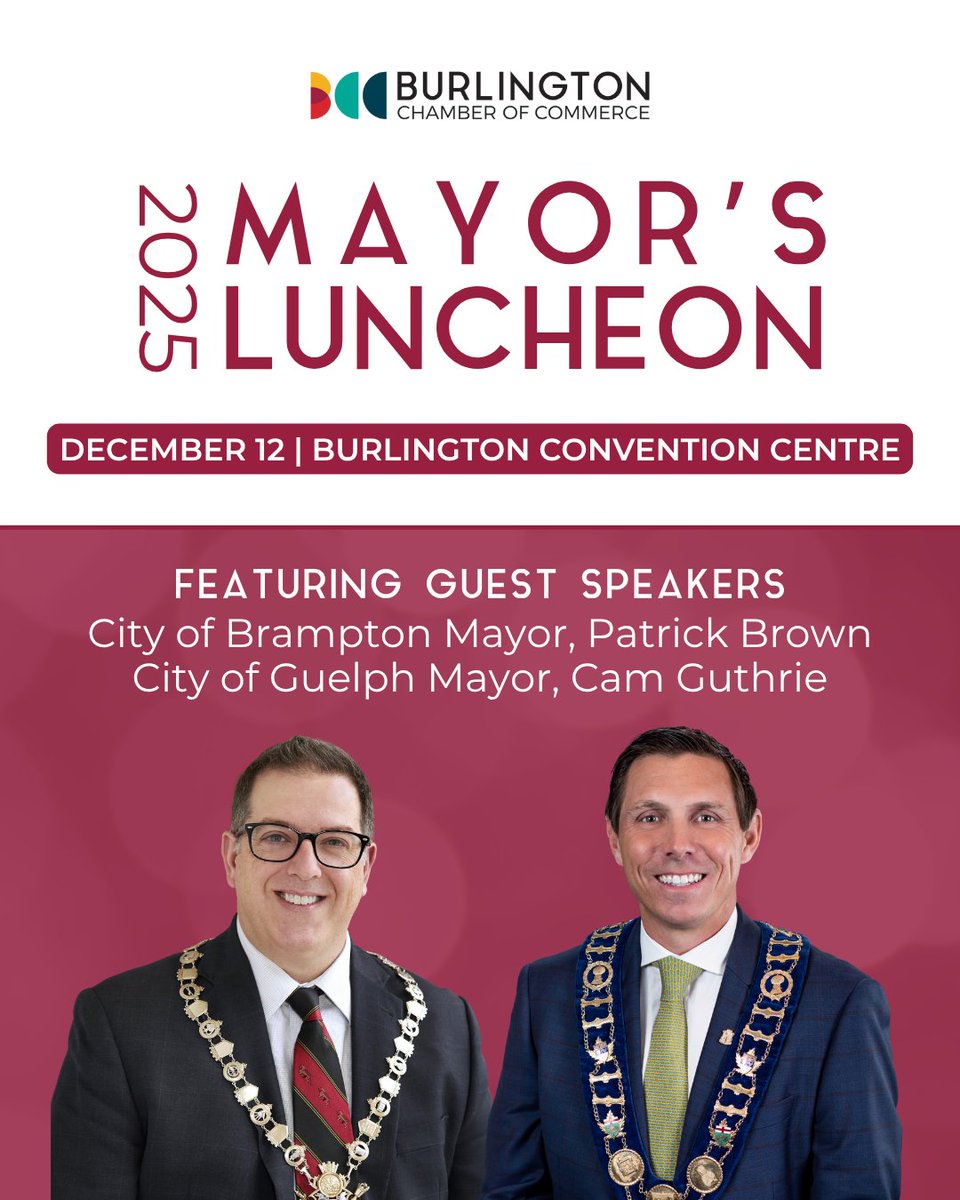 Join us for one of Burlington’s most anticipated annual events...the Mayor’s Luncheon!

🎟️ Secure your seat today by visiting our website!

#BurlOn #LeadershipInAction #BurlingtonBusiness