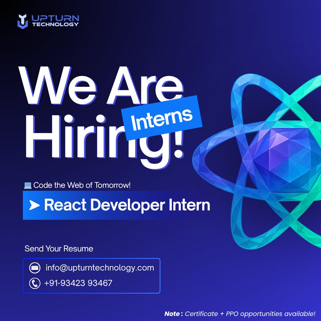 upturntech's tweet image. 🚀 We’re Hiring React Developer Interns!
📩 Send Your Resume: info@upturntechnology.com
📞 Contact: +91-93423 93467
#ReactDeveloper #InternshipOpportunity #FrontendDeveloper #ReactJS #WebDevelopment #TechInternship #HiringInterns #UpturnTechnology #CareerGrowth #CodeTheFuture