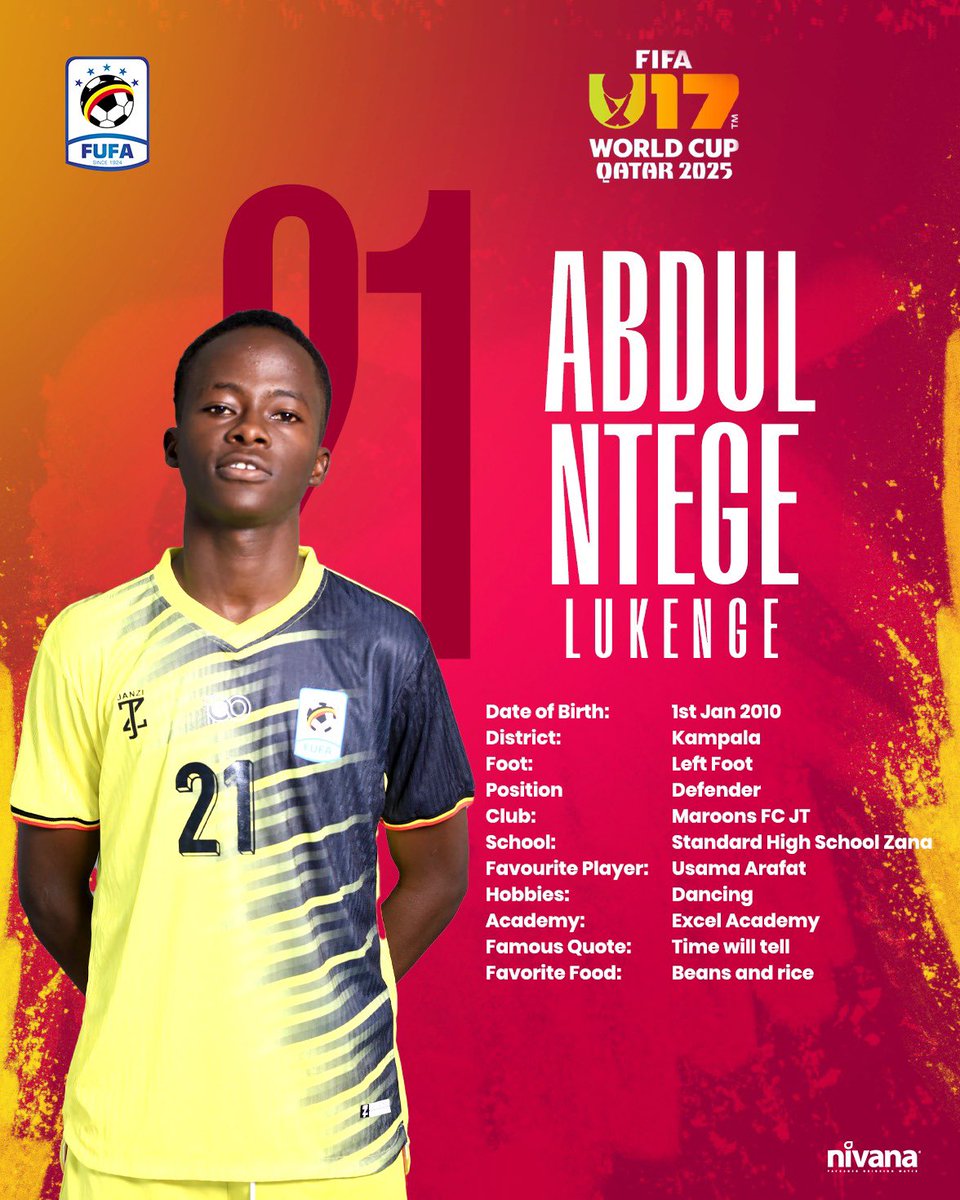 OfficialFUFA's tweet photo. #UgandaCubs player profile
Abdul Ntege
#FIFAU17WC in Qatar 3-27 November 2025 https://t.co/01rFhxBVGr