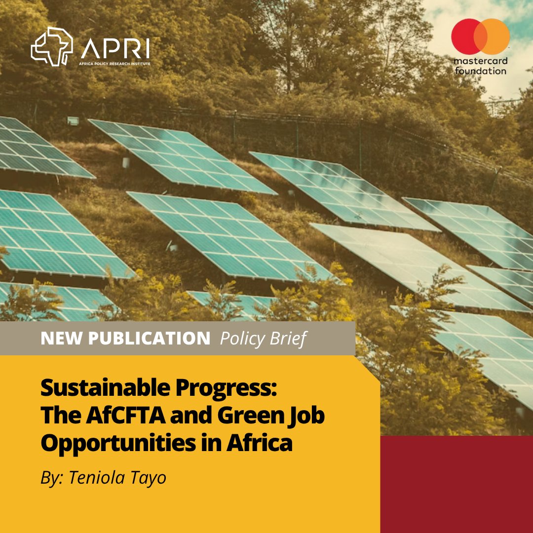 APRI_Africa's tweet photo. New Publication Alert

The new policy brief from our Just Green Technology Transition Programme by Teniola T. Tayo explores how the African Continental Free Trade Area (AfCFTA) can be a game-changer for scaling opportunities in innovation, entrepreneurship, and employment for the youth in the green tech space. 

Key findings of the paper include:

The AfCFTA as a Catalyst: The AfCFTA can accelerate green industrialisation by boosting intra-African trade in green technologies and reducing reliance on imports, unlocking large-scale youth employment across sectors like energy, manufacturing, and services. For this to happen, Governments will need to implement youth-centric trade policies, create green innovation zones with incentives for young entrepreneurs, and promote mutual recognition of greentech qualifications to ensure young people are at the forefront of this transformation.

Indigenous and Digital Integration: Combining Indigenous environmental knowledge with digital innovation can make green growth more inclusive and context-relevant, particularly in rural areas, while supporting culturally grounded, sustainable livelihoods. For this to truly benefit youth, policies must intentionally support the protection and scaling of Indigenous technologies, expand digital infrastructure and training, and connect rural youth with green value chains where their knowledge and skills can thrive.

Policy and Investment Priorities: Strategic action in investment promotion, skills development, and trade facilitation is essential. Targeted policies and cross-sector partnerships can create up to 9 million green jobs by 2030 under a just energy transition. To ensure these jobs reach young Africans, there must be dedicated financing for youth-led green tech ventures, alignment between education systems and green economy skills, and streamlined trade systems that enable young innovators to scale regionally.

Read more about the brief here: https://t.co/QN7L00YrXs 

@MastercardFdn  

#AFCFTA #GreenJobs #YouthEmployment #GreenTechnology #Agenda2063