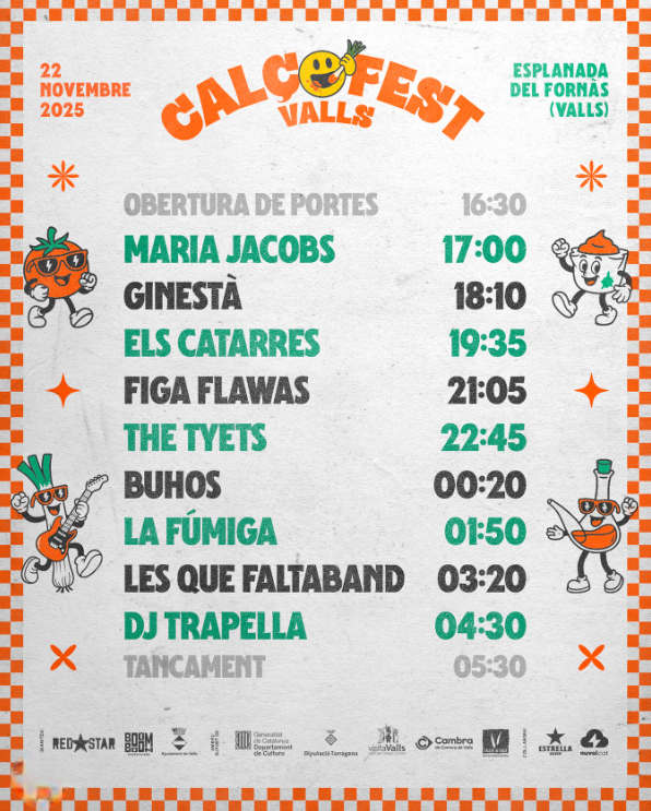 Ja tenim els horaris dels concerts del Calçofest! 🎶🕜

Viu una jornada completa de festa a Valls! 🥳🎉

📆 22 de novembre 

Aconsegueix les darreres entrades ⬇️
calcofest.cat