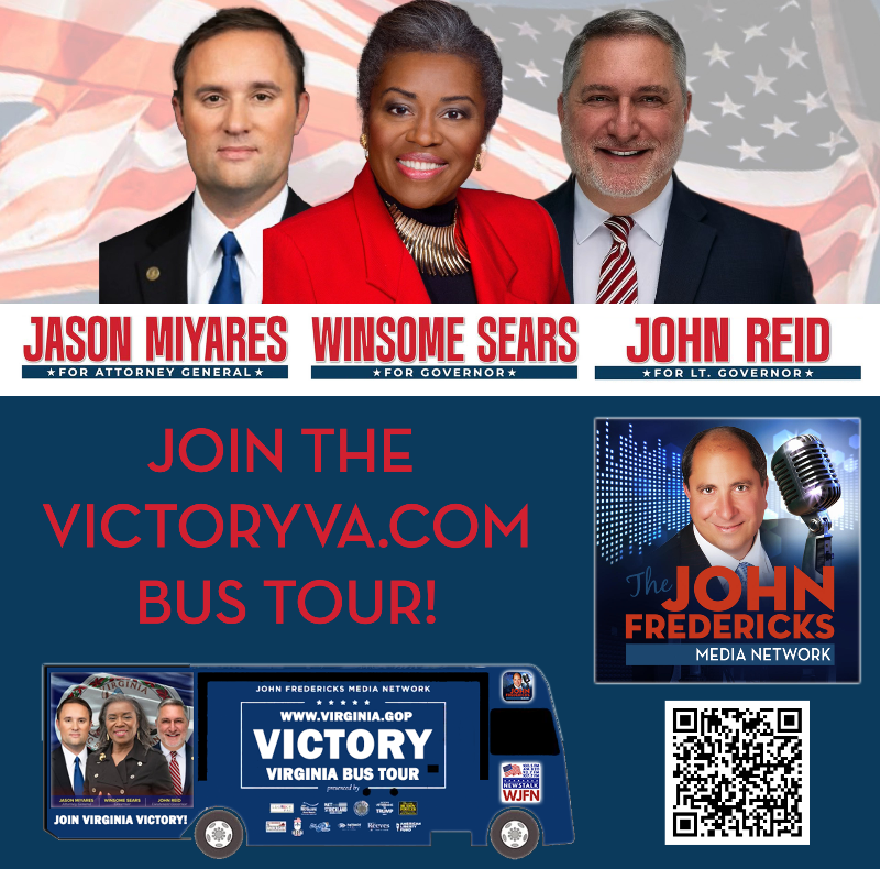 jfradioshow's tweet photo. Sears Closes In on https://t.co/WtjT5hSmaL Bus Launches #VictoryVA #MAGABusTour #GOTV #VirginiaVotes #RedWave2025 #JohnFredericksShow #VoteVirginia #VAGOP #VirginiaGOP #VAGov2025 #WinsomeSears @WinWithWinsome @JohnReid4VA @JasonMiyaresVA - https://t.co/CtJx4A91WT https://t.co/k6do1Xm5lM