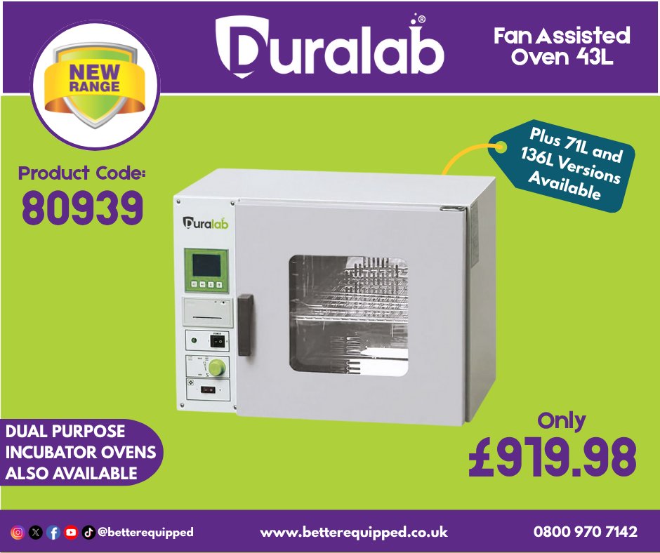 Discover the new Duralab Fan Assisted Ovens — designed for precision, consistency, and reliability in every lab. Perfect for drying, heating, and thermal testing in demanding environments. Available in 43L, 71L, and 136L models.
betterequipped.co.uk/duralab-da-610…