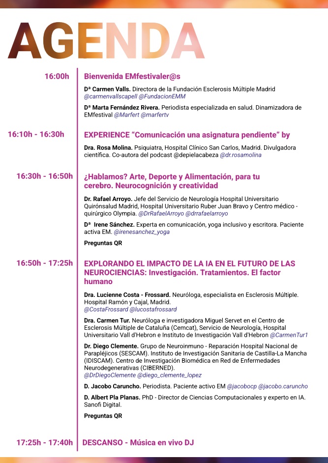 DrRafaelArroyo's tweet image. Encantado de participar esta tarde en este magnífico Festival @EMfestoficial organizado por la @FundacionEMM con el patrocinio de @SanofiES  Se puede seguir on line 👉bit.ly/4nRtmzj
#pacientes #EsclerosisMúltiple #EMfestival