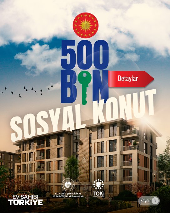 First image displays a modern multi-story residential building with balconies and trees in front under a blue sky with the text 500 BIN SOSYAL KONUT and TOKİ logo at the bottom along with EV SAHIBI TÜRKİYE and details arrow. Second image shows application dates from 10-11-2025 to 18-19-2025 via district administrations installment details from 29-12-2025 to 27-02-2026 with 5000 TL deposit via banks and lists channels like TC Ziraat Bankası AS Halk Bankası AS and others with TOKİ and ministry logos. Third image outlines housing quotas in six categories including veterans disabled 10-25-40-50-60-65 square meters with icons for each group and eligibility percentages. Fourth image details prices for Anadolu regions at 1.5M 2M 2.5M TL and Istanbul at 1.9M 2.4M 3M TL with installment options up to 10 years or 20 years for certain cases and notes on payment methods.