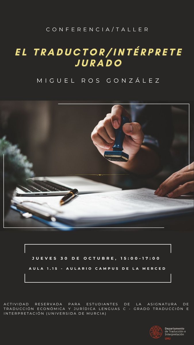 Este jueves, 30 de octubre, tendremos el placer de contar con Miguel Ros González, traductor editorial y jurado, además de antiguo estudiante de TeI en la <a href="/UMU/">Universidad Murcia</a>, quien contará los entresijos de la traducción e interpretación jurada a nuestros estudiantes de 4.º👩🏻‍⚖👨‍🦱👨‍⚖️📝