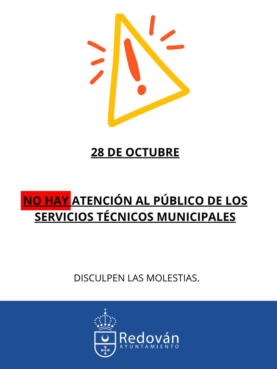✅Desde el Ayuntamiento de #Redován os comunicamos que el 28 de octubre los Servicios Técnicos Municipales 🏛️ no prestarán atención al público 👥.

Disculpen las molestias.

#RedovánSeViveRedovánSeSiente