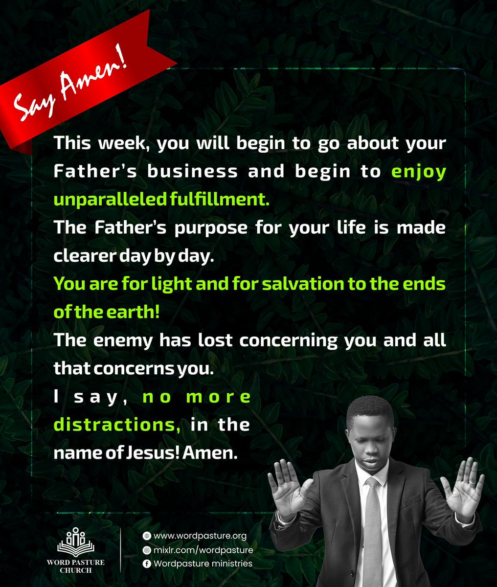 Wordpasture's tweet image. Dear Beloved,

Welcome to a new week! ⭐️

These powerful words of prayer have been declared over you by our Pastor, Dr. ‘Riel. Receive, believe, and “SAY AMEN”!

#AMEN #Prayers #blessed #Monday