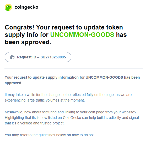 📢 Exciting update for the $UNCOMMON•GOODS community!

The circulating supply and market capitalization of UNCOMMON•GOODS have now been officially updated on <a href="/coingecko/">CoinGecko</a> 🪙

This marks another important step toward greater transparency and visibility for the project. As daily