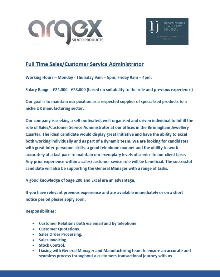 ArgexSilver's tweet photo. We have a new position available!

To register your interest send a CV and cover letter to s.westwood@argex.co.uk or to discuss the position further, call the office on 0121 2484344 https://t.co/s3TfFLtCSI