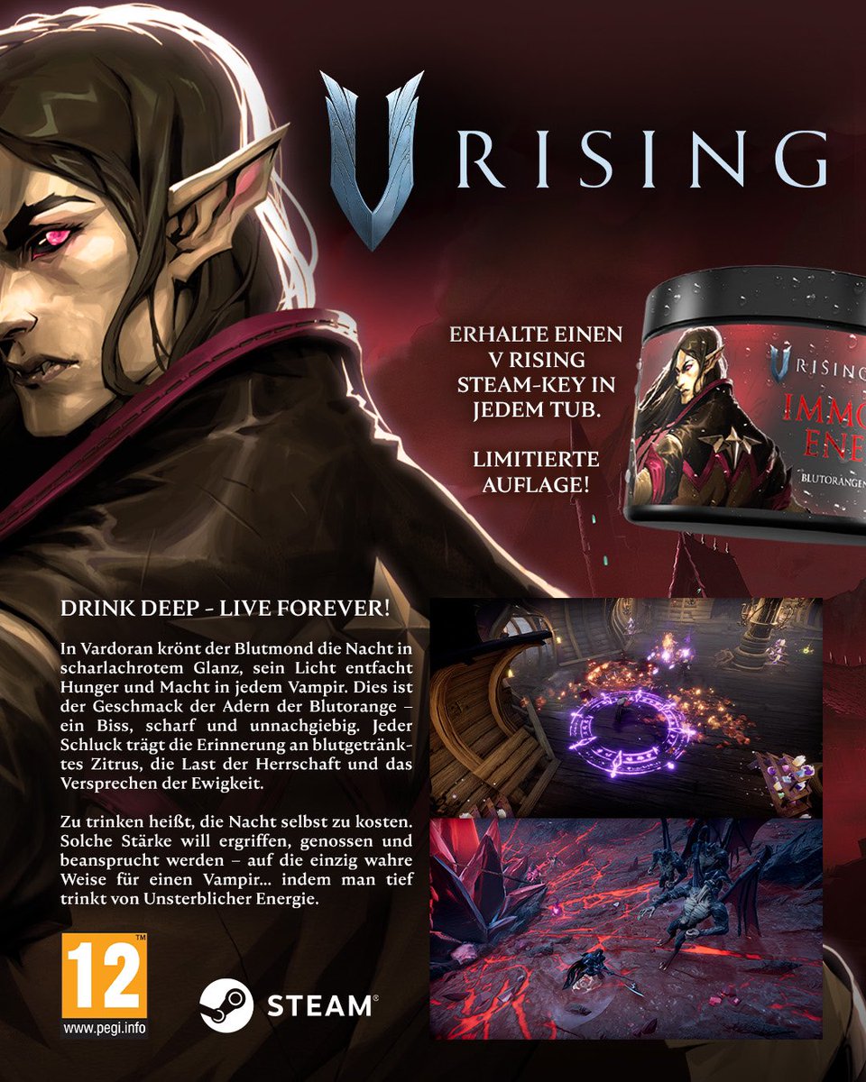 STEAM-KEY INSIDE! 🔥

Unsere exklusive Halloween Sorte
Immortal Energy BLUTORANGE gibt dir nicht nur die nötige Power, sondern auch den Zugang zur VOLLVERSION von <a href="/VRisingGame/">V Rising</a>. PLUS limitierter
„4für2" Halloween Deal - spare viel Asche bei deiner nächsten Bestellung.🧛🩸 🍊