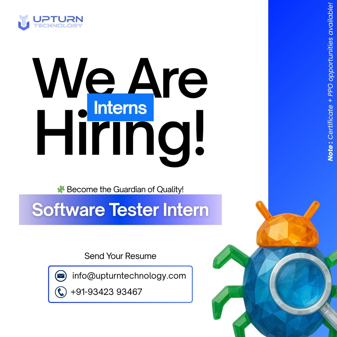 upturntech's tweet image. Join us as a Software Tester Intern and help ensure our products deliver perfection.
📩 Send Your Resume: info@upturntechnology.com
📞 Contact: +91-93423 93467
#SoftwareTesting #TesterIntern #QAInternship  #ManualTesting #TechInternship #UpturnTechnology #WeAreHiring