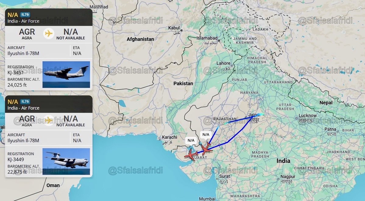 Shah Faisal AfRidi (@sfaisalafridi) on Twitter photo ✈️ 🇮🇳 Two more Indian Air Force Il-78M tankers (KJ-3451, KJ-3449) from Agra Airbase operating over Gujarat near Pakistan🇵🇰 border, in area of India’s NOTAM for Tri-Services Ex. (Oct 30–Nov 10, 2025), even though the NOTAM has not gone active yet. ✈️ 🇮🇳 Two more Indian Air Force Il-78M tankers (KJ-3451, KJ-3449) from Agra Airbase operating over Gujarat near Pakistan🇵🇰 border, in area of India’s NOTAM for Tri-Services Ex. (Oct 30–Nov 10, 2025), even though the NOTAM has not gone active yet.