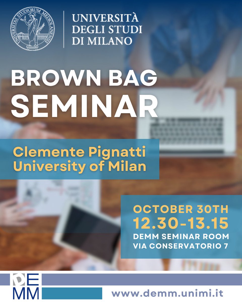 DemmUnimi's tweet image. 🍽️ 𝐍𝐮𝐨𝐯𝐨 𝐁𝐫𝐨𝐰𝐧 𝐁𝐚𝐠 𝐒𝐞𝐦𝐢𝐧𝐚𝐫!
.
.
.
 Clemente Pignatti @LaStatale
𝐿𝑜𝑛𝑔-𝑇𝑒𝑟𝑚 𝐸𝑓𝑓𝑒𝑐𝑡𝑠 𝑜𝑓 𝐴𝑐𝑡𝑖𝑣𝑒 𝐿𝑎𝑏𝑜𝑟 𝑀𝑎𝑟𝑘𝑒𝑡 𝑃𝑜𝑙𝑖𝑐𝑖𝑒𝑠

🗓️ 30 ottobre!
📍 Aula seminari DEMM

#BrownBagSeminars #UniversitàMilano #Demm #Spes #Lastatale #Unimi